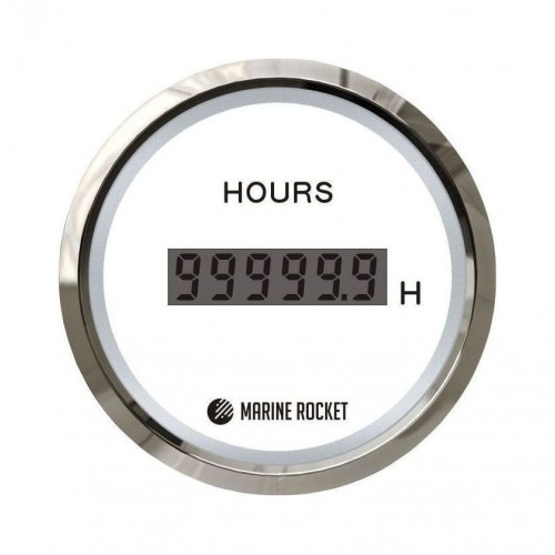Счетчик моточасов цифровой 0-99999, 9 ч., белый циферблат, нержавеющий ободок, д. 52 мм, Marine Rocket