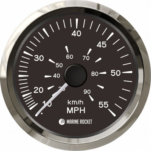 Спидометр манометрический 0-55 MPH, черный циферблат, нержавеющий ободок, д. 85 мм, Marine Rocket